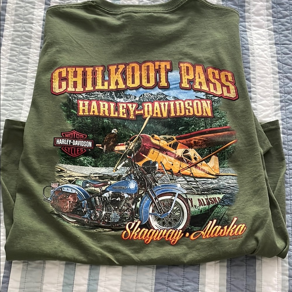 Skagway Alaska Harley-Davidson Green Short Sleeve Tee with Graphic Design